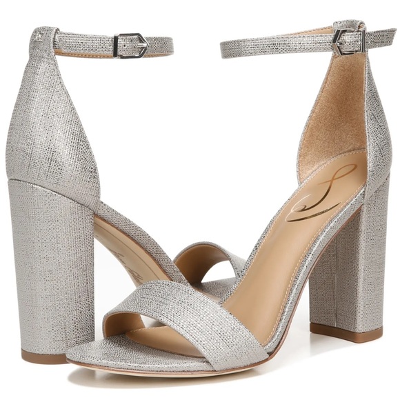 SAM EDELMAN Heels Yaro Ankle Strap Sandal Chunky Heel Metallic Pewter Silver NIB - Picture 4 of 14